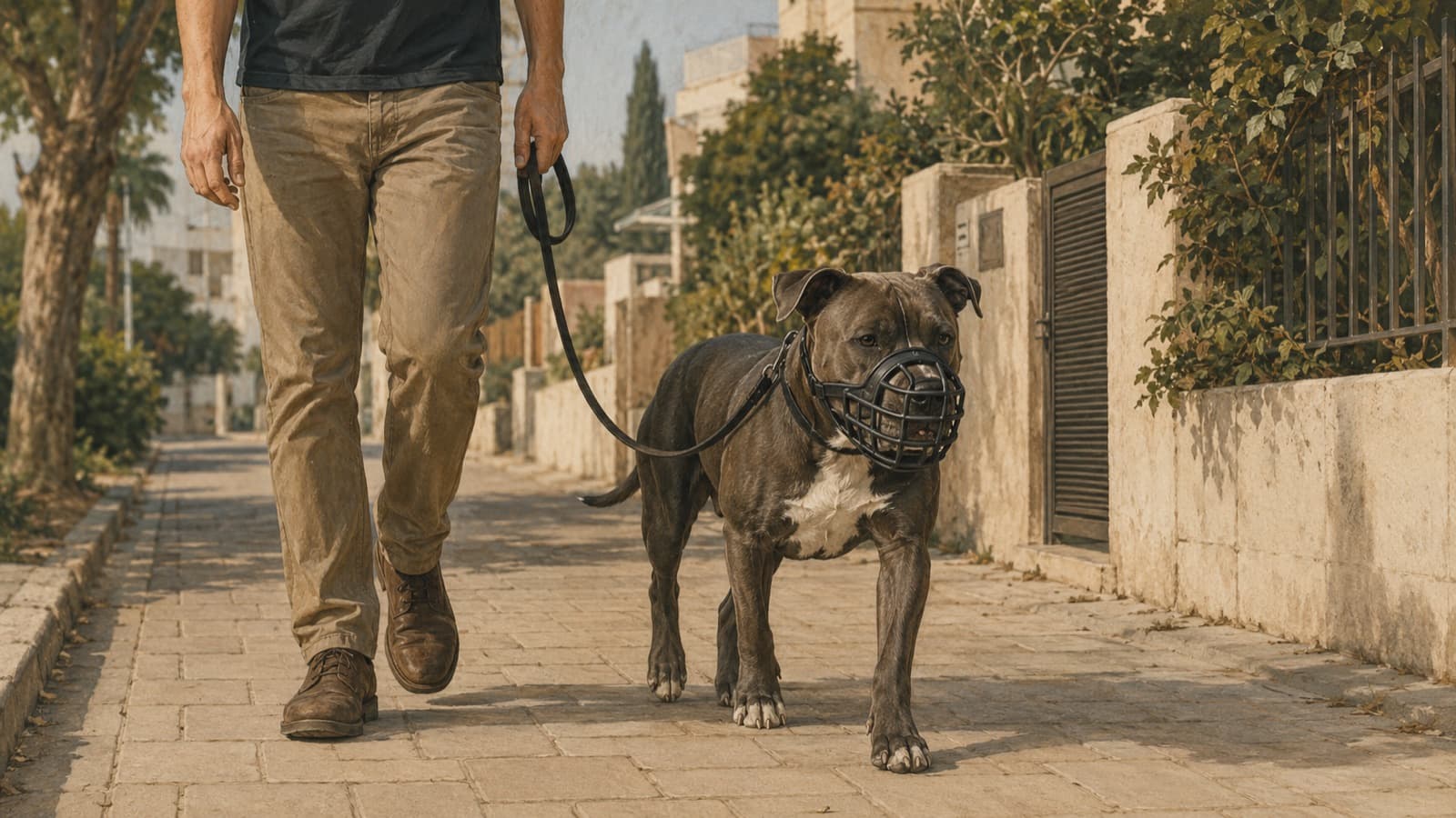 כלב מגזע מסוכן עם זמם הולך ברצועה קצרה לצד בעליו ברחוב