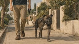 כלב מגזע מסוכן עם זמם הולך ברצועה קצרה לצד בעליו ברחוב