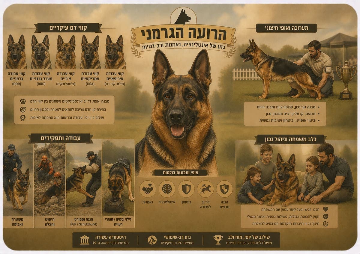 אינפוגרפיקה: הרועה הגרמני — קווי דם, עבודה ותפקידים, וכלב משפחה