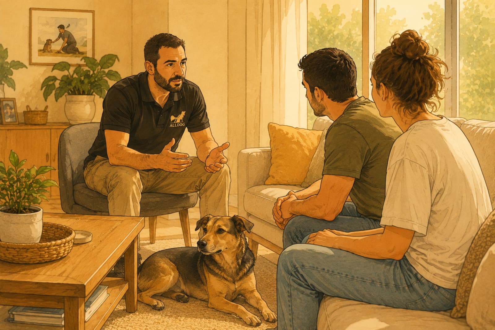 מאלף כלבים יושב מול זוג בעלים בסלון ומסביר תוכנית עבודה